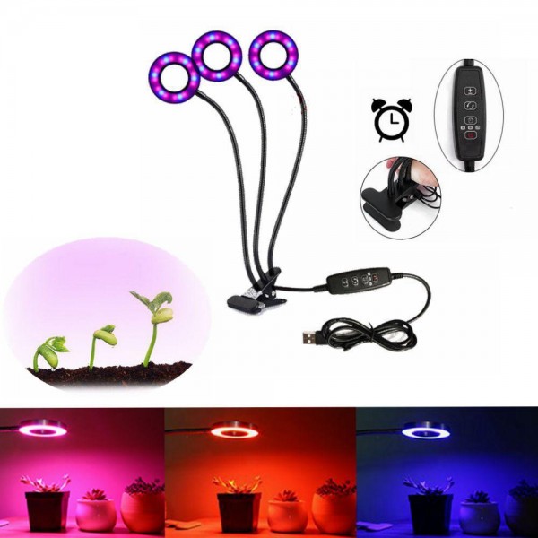  USB 18W 3Heads Clip-on Grow Light  Dimmable Timing Plant Lamp for Indoor Flower DC5V 