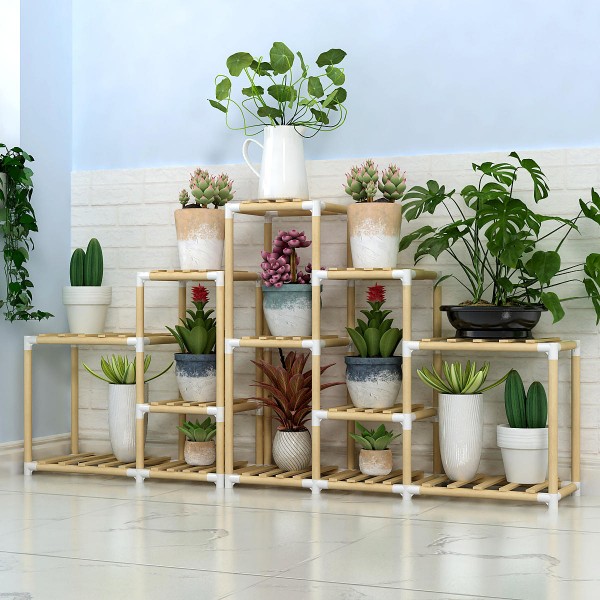 3+3+2Tiers Wooden Plant Stand Indoor Outdoor Patio Garden Flower Pot Stand Shelf - 4