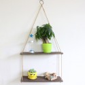 Brown Wooden Wall Storage Rack Rope Hanging Plant Flower Pot Shelf Home Decor - 1 Layer-L