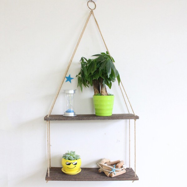 Brown Wooden Wall Storage Rack Rope Hanging Plant Flower Pot Shelf Home Decor - 1 Layer-L