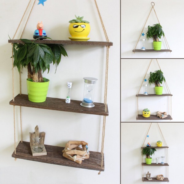 Brown Wooden Wall Storage Rack Rope Hanging Plant Flower Pot Shelf Home Decor - 1 Layer-L
