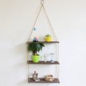 Brown Wooden Wall Storage Rack Rope Hanging Plant Flower Pot Shelf Home Decor - 1 Layer-L