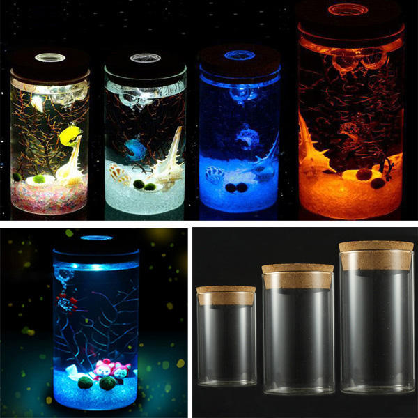 DIY Moss Micro Landscape Cylinder Glass Bottle with Colorful LED Light Succulent Plants Vase - Small