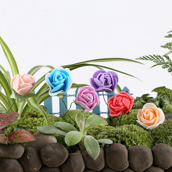DIY Miniature Pretty Rose Ornaments Potted Plant Garden Decor - Purple