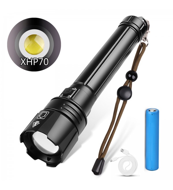 Super Bright Tactical Flashlight P70 LED Flashlight with Parallel Battery, Zoomable&amp;IPX5 Waterproof&amp;USB Rechargeable, 3 