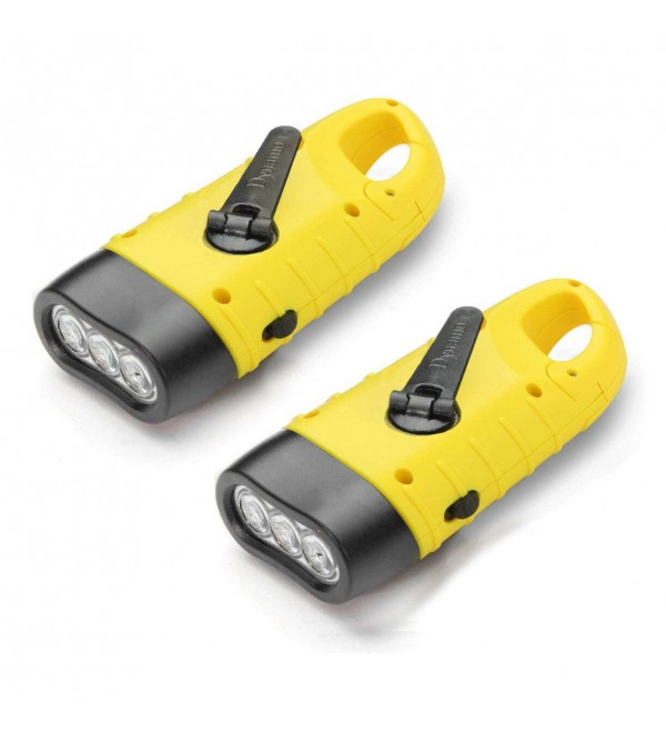 2Pcs Yellow Hand Crank Flashlight Solar Powered Emergency Torch Rechargeable Dynamo with Quick Snap Clip for Kids Hurricane Stor